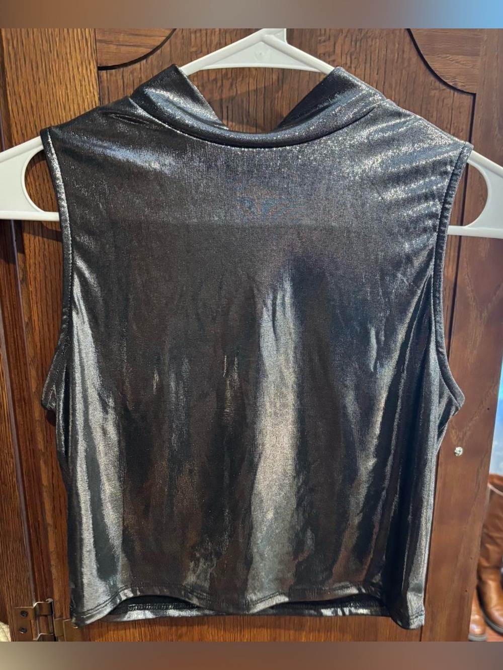 Metallic Black Sleeveless Mock Neck Top